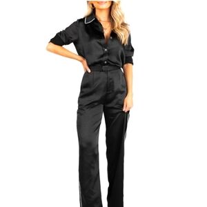 NWT Kittenish Black satin pearl trimmed blouse and trousers set